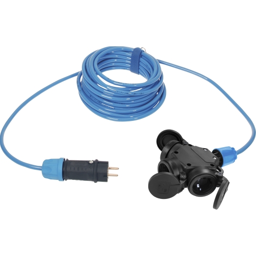 Schutzkontakt-Verlängerung  H07BQ-F 3 G 2,5 mm², 10 m, blau mit 3-fach Kupplung mit Federklappdeckel SiRoX