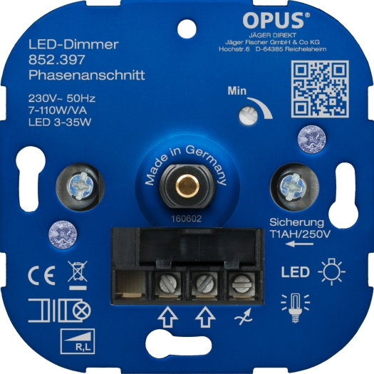 Dreh-Dimmer für LED- und  Energiesparlampen 7 - 110 VA / LED 3 - 35 W  Phasenanschnitt OPUS 