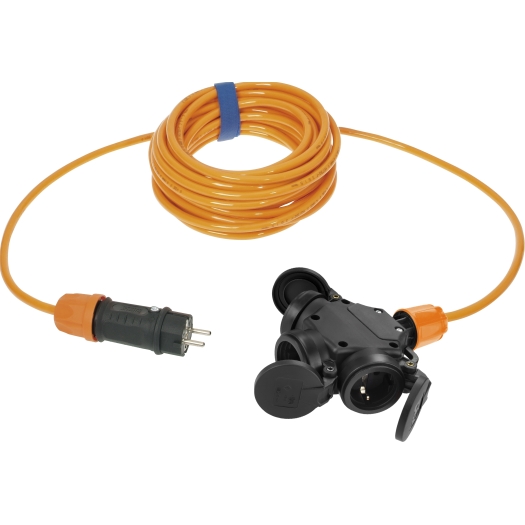 Schutzkontakt-Verlängerung  H07BQ-F 3 G 1,5 mm², 10 m, orange mit 3-fach Kupplung mit Federklappdeckel SiRoX