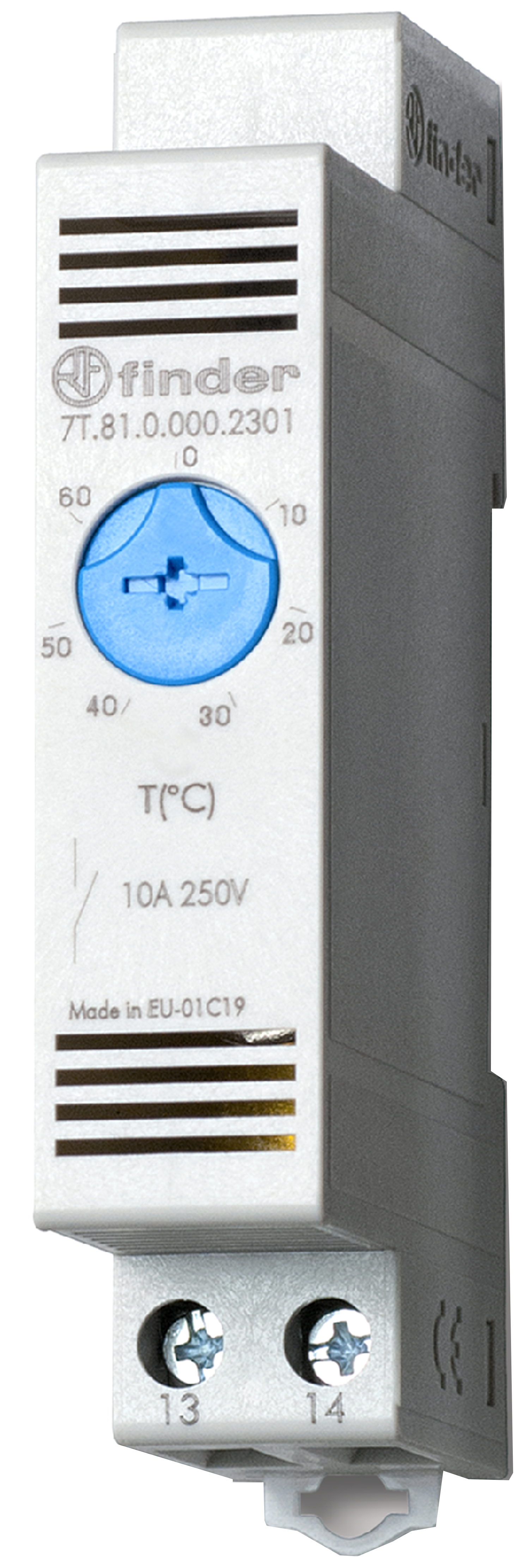 Thermostat für Schaltschrank, Reiheneinbaugerät 17,5 mm breit, 1 Schließer 10 A, einstellbar von -20