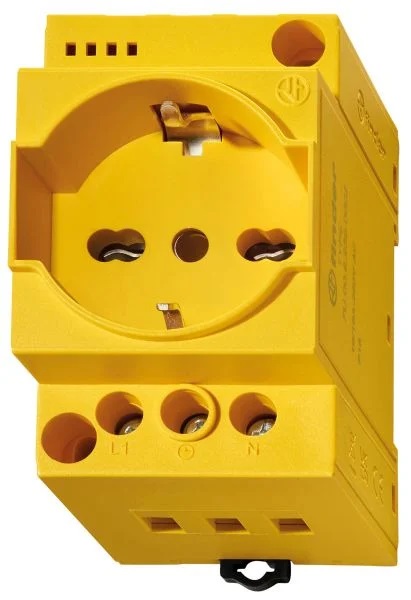 Schutzkontakt-Steckdose für Reiheneinbau, gelb, 16 A / 230 V mit LED Spannungsanzeige
