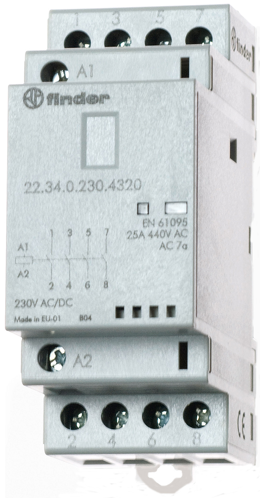 Schütz für Reiheneinbau, 2 Öffner und 2 Schließer 25 A, Spule 230 V AC/DC, LED-Anzeige