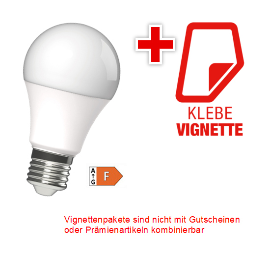 Vignetten-Paket 200 x LED-Leuchtmittel 8,5 W mit Klebe-Vignette 2025