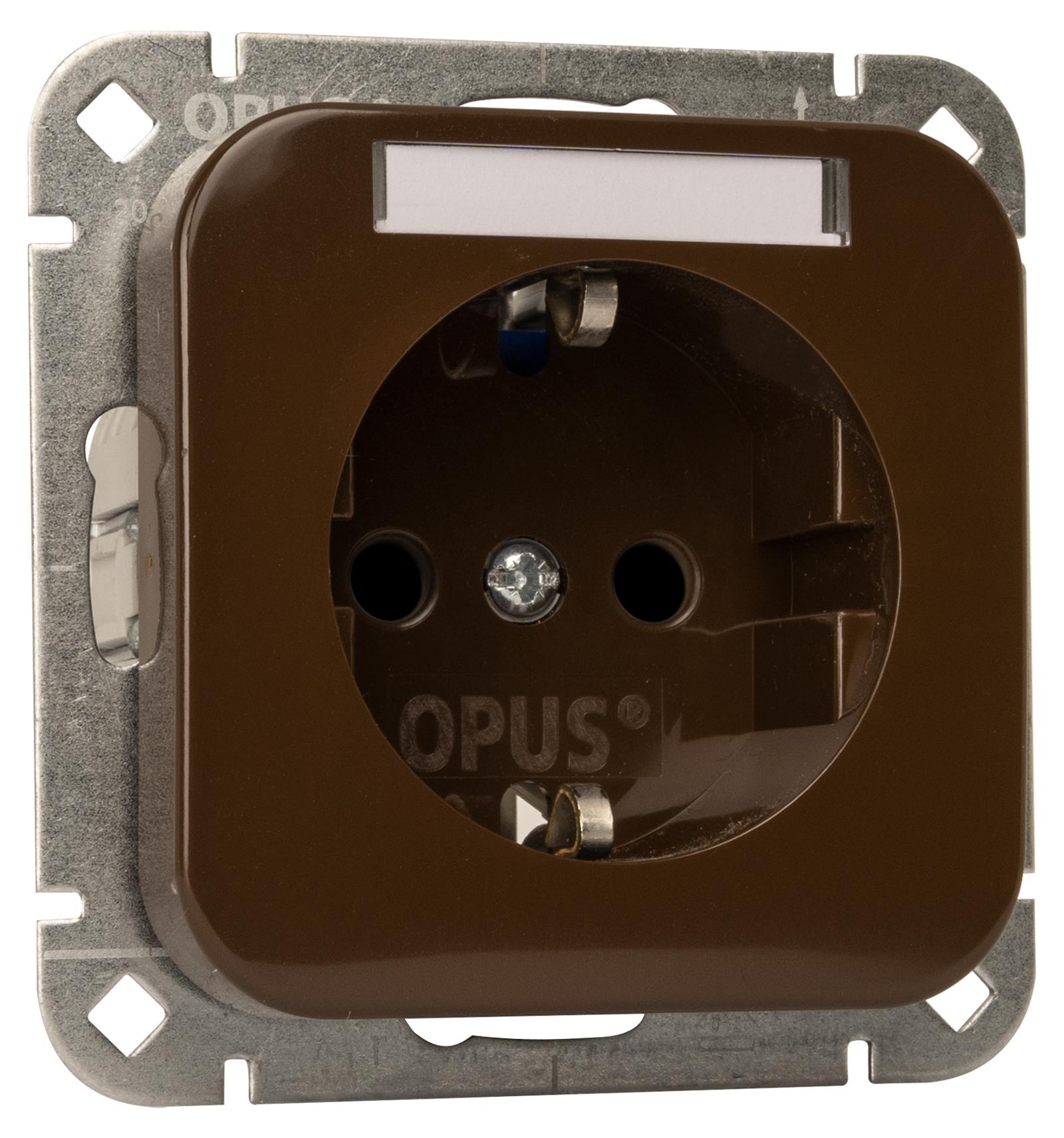 Schutzkontakt-Steckdose Premium mit Beschriftungsfeld und erhöhtem Berührungsschutz braun OPUS 1